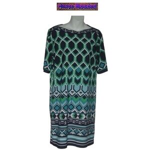 Signature Camrym Dress Scarf Print Geometric Turquoise Navy Sheath Petite 8 P